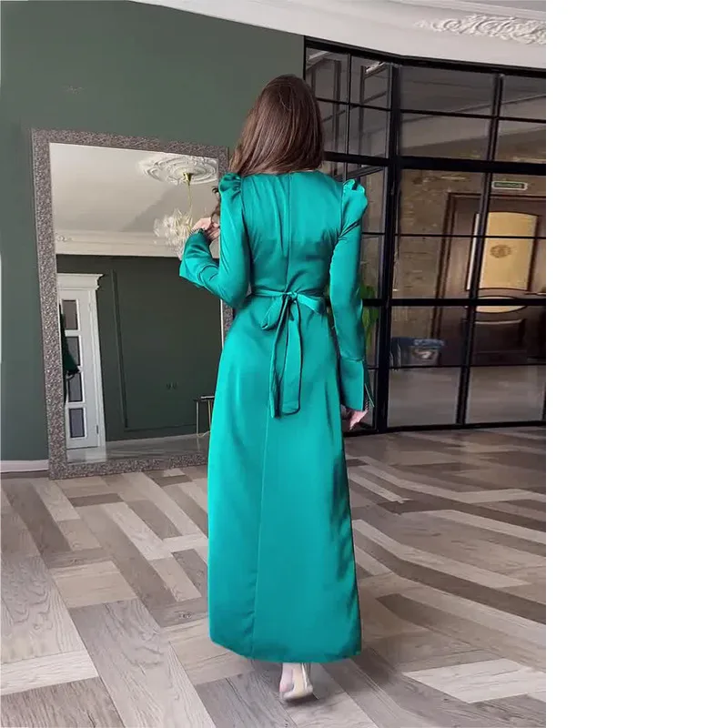 JY Autumn new V-neck solid color split long sleeved slim waistband dress, simple and elegant fashion temperament long skirt