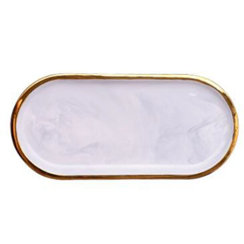 Gold-Plated Ceramic Marble Storage Tray European Food Fruit Breakfast Oval Plate Jewelry Tray Dessert Plate Decoration