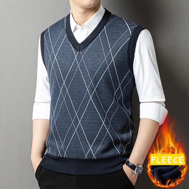 

Autumn Winter Mens Fleece Knitted Vest Sleeveless Pullover Neck Sweater Vest Button Front Knit Cardigan Vest
