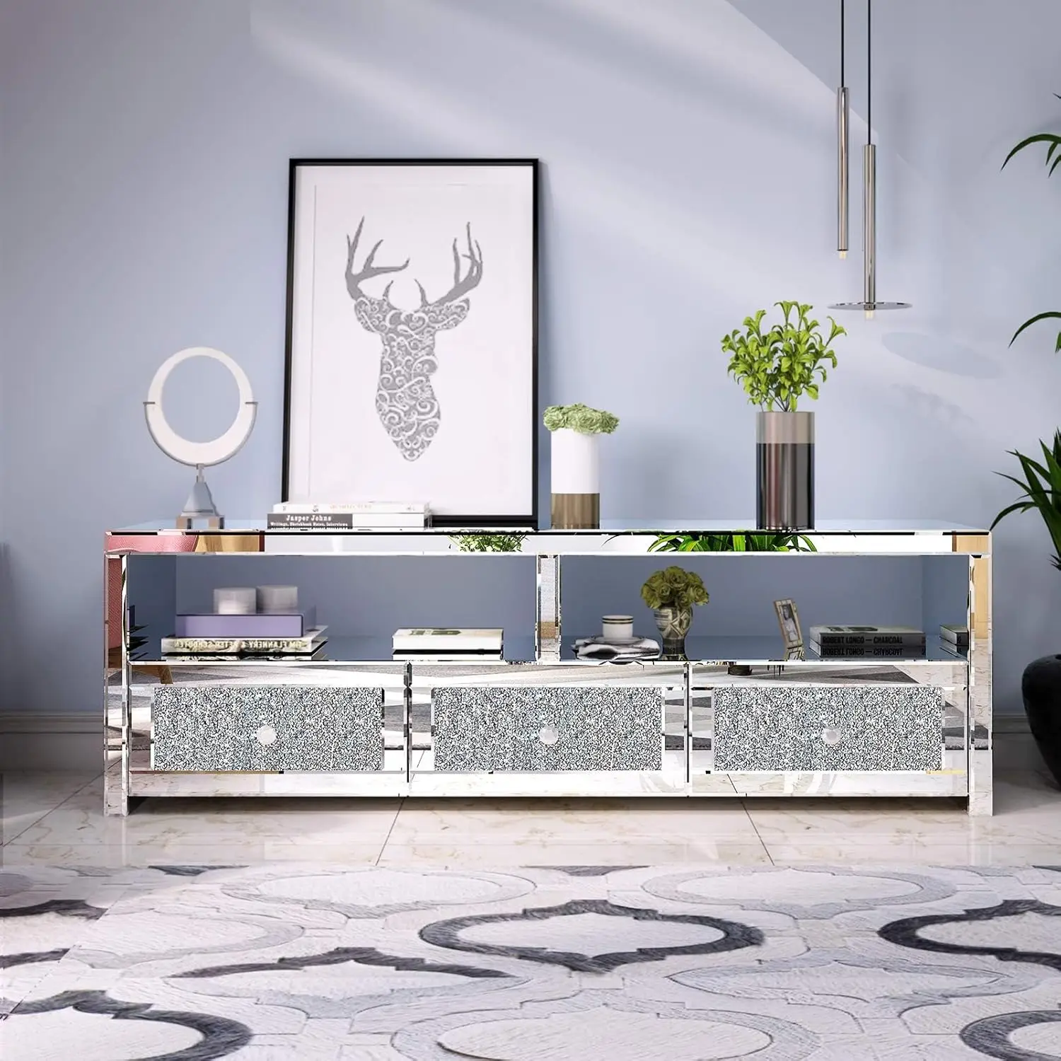 Modern 3 Drawer Mirrored Crystal TV Stand Silver TV Console Table Tv Cabinet For Living Room Hotel Furniture