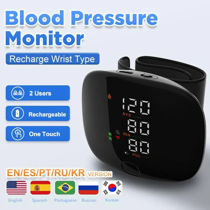 Rechargeable Wrist Blood Pressure Monitor Voice Smart Touch LED Screen Digital Automatic BP Tonometer Heart Rate Pulse