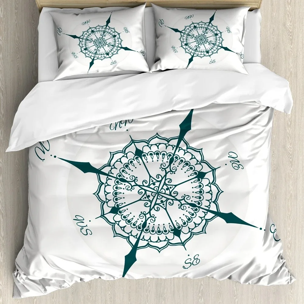 

Compass Duvet Cover Set,Hand Drawn Windrose Floral Arrangement Design Compass Boating Theme Print,Bedding Set Decor,full Size