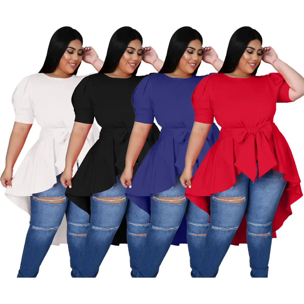 Women\'s Plus Size Dresses Fashion Bow Irregular Dress Elegant Solid Color Large Size Female Short Sleeve T-shirt Casual Commuter