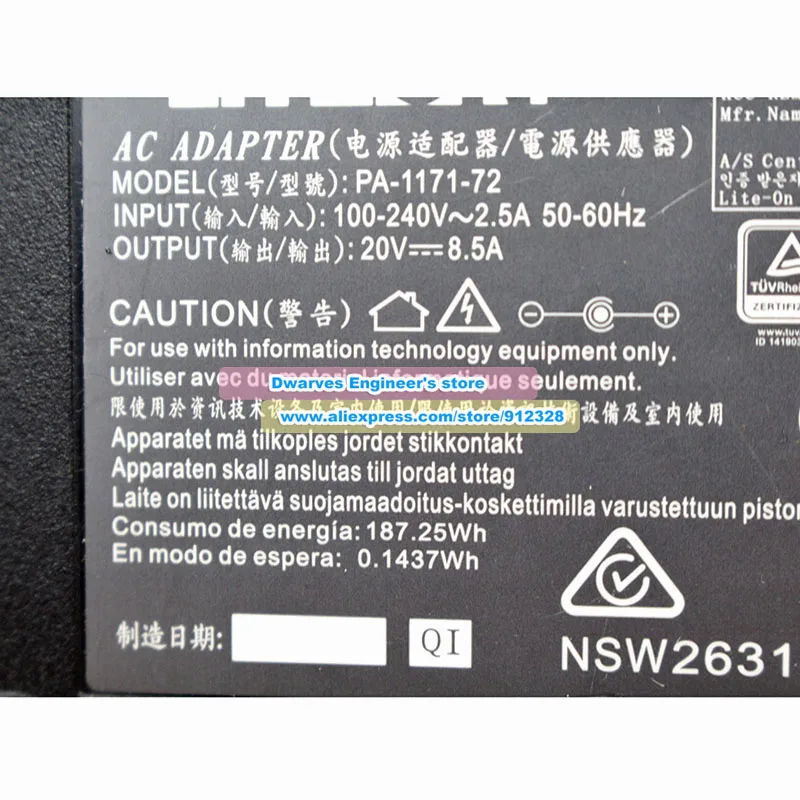 Imagem -03 - Genuine Pa117172 Carregador Adaptador ac 20v 8.5a 170w ac Fonte de Alimentação Portátil 7.4x5.0 mm