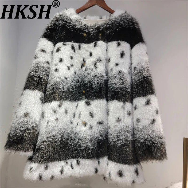 HKSH Winter New Women Faux Fur Coat Round Collar Printed Contrast Color Buttoned Luxury Casual Ins Thickened Warm Jacket HK12890