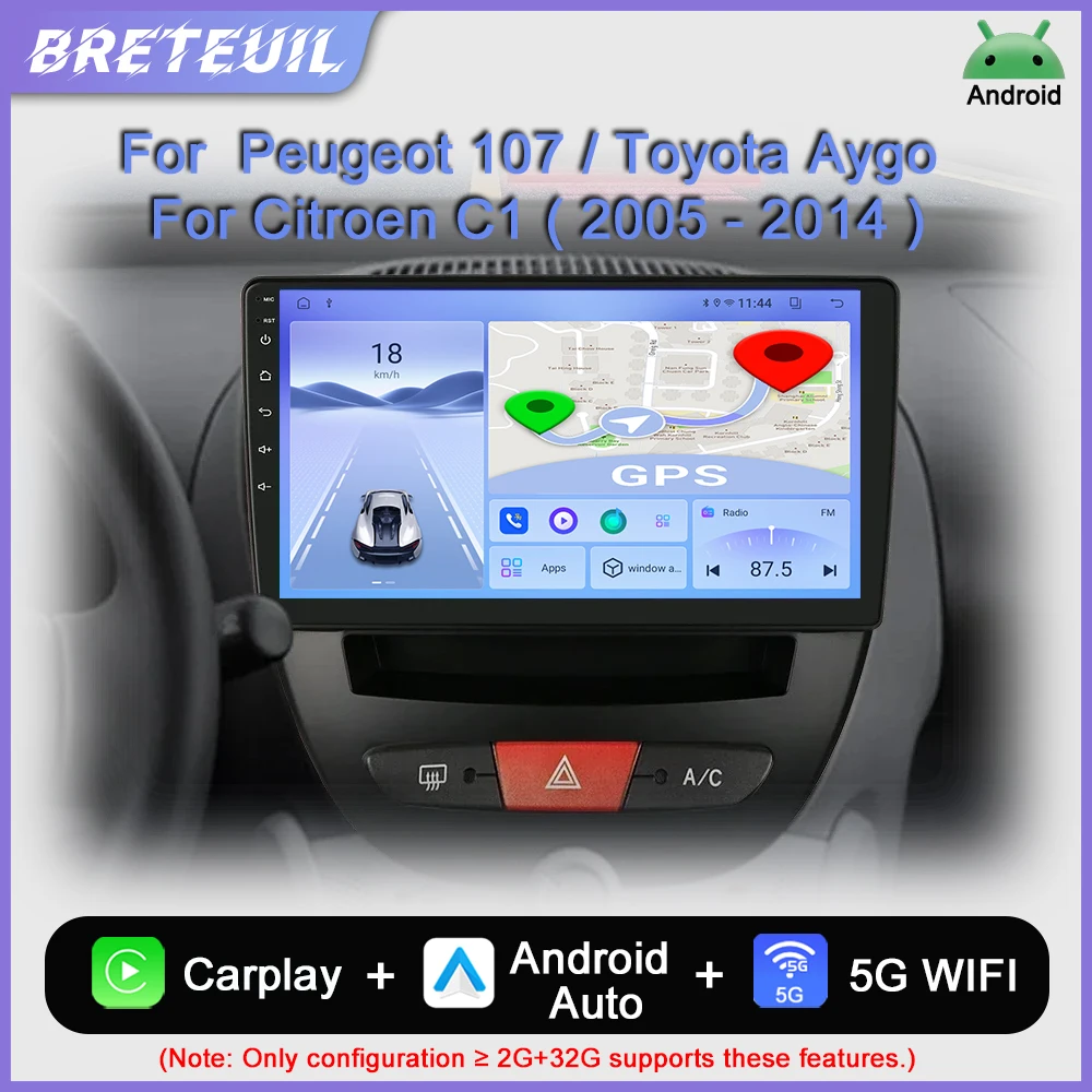 Para Peugeot 107 Toyota Aygo Citroen C1 2005 2006 2007 2008 2009 2010 2011 2012 2013 2014 Radio de coche CarPlay Reproductor multimedia de vídeo Android Navegación Pantalla táctil Auto Stereo