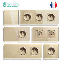 BSEED 1/2/3Gang Touch Light Switches 1Way With French Sockets Type-c USB Wall Power Outlets Glass Panel Blue Backlight Gold