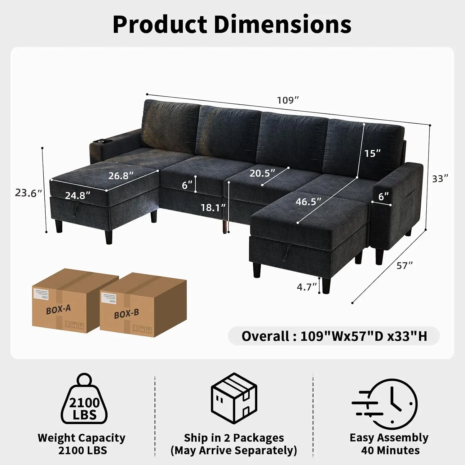 6 Seat Chenille Sectional Sofa, Smart U Shaped Couch, Dark Grey | Smart Module-Wireless Charging/USB/Type-C/RGB, Customized