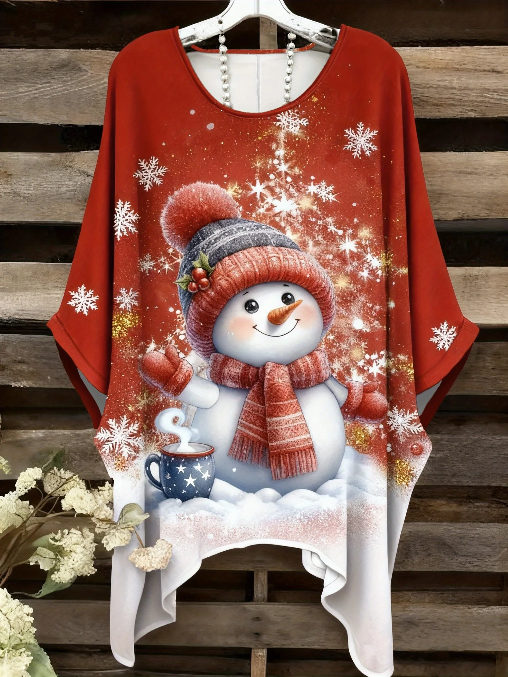 Charming Plus Size Women’s Snowman Print Poncho Top for Festive Winter Fun