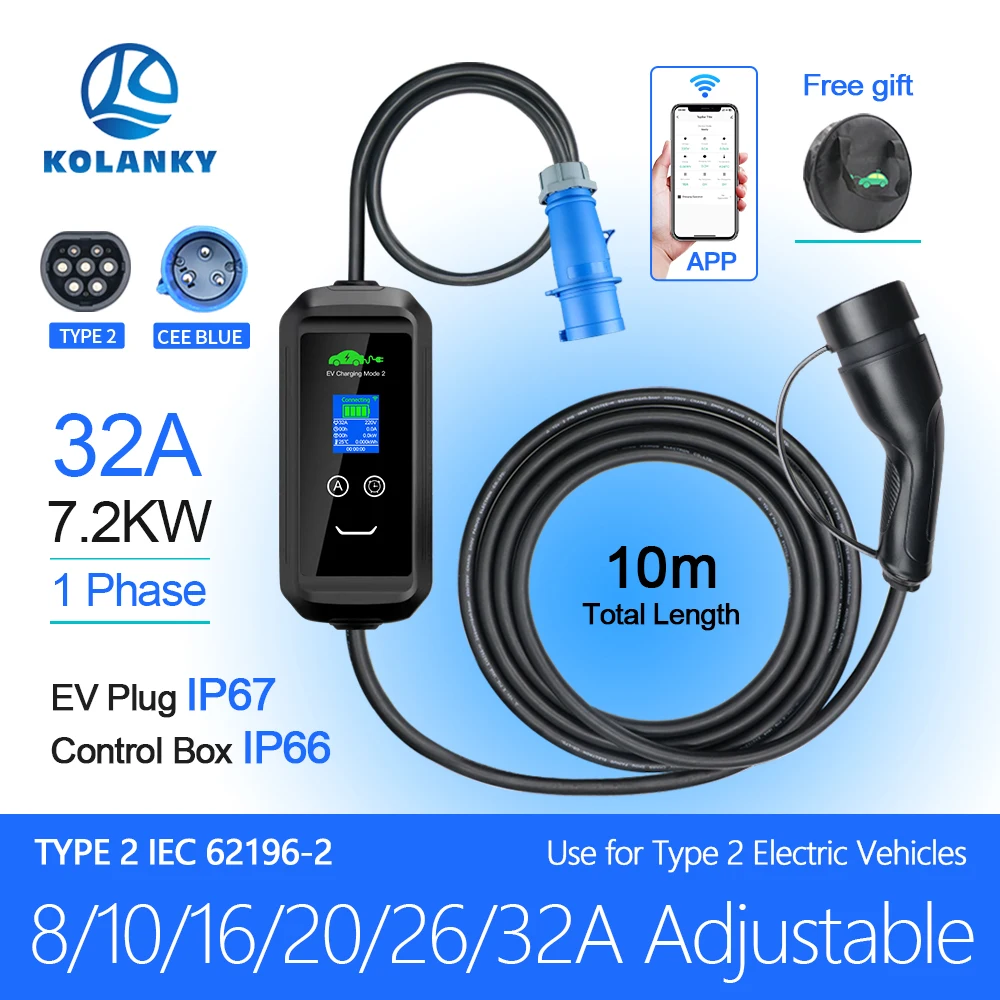 

32A 7.2KW Mobile EV Charger TUYA App Type 2 IEC 62169 GBT Plug Set Charging Time For Hybrid Eletric Vehicle China Car Total 10M