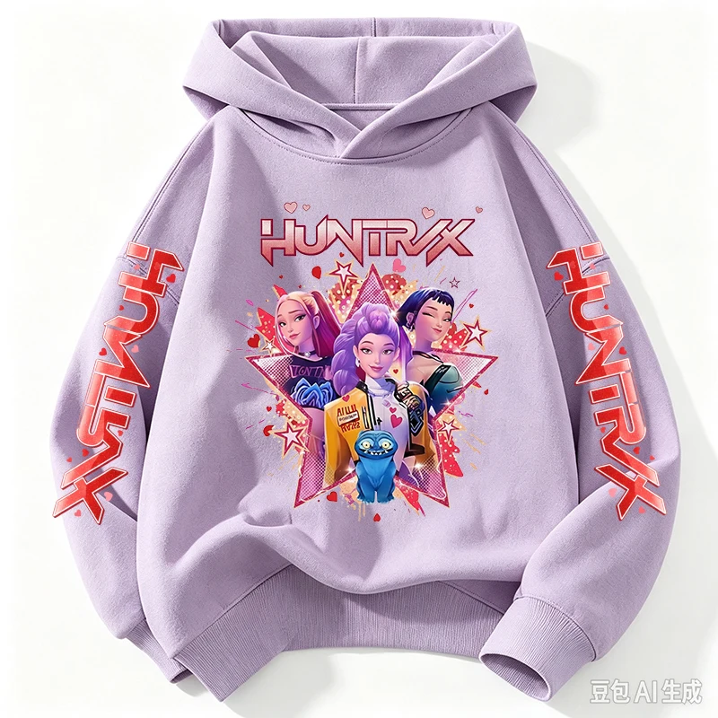 2026 girls' cartoon hoodie suitable for boys and girls Hunter Rumi warm and thick fashionable casual top printed pink sweatshirt