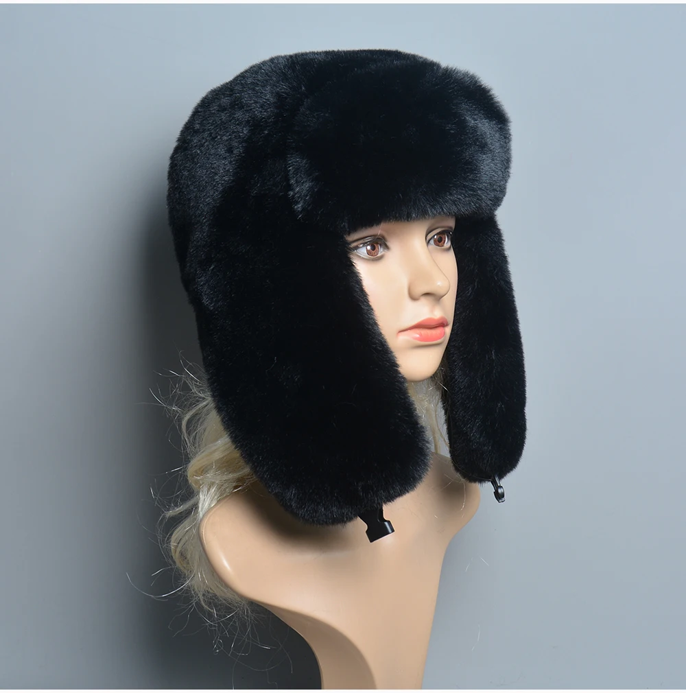 2024 Winter Russian Man Woman White Skin False Rex Rabbit Fur Hats Luxury False Rex Rabbit Fur Cap Unisex False Fur Bomber Hat