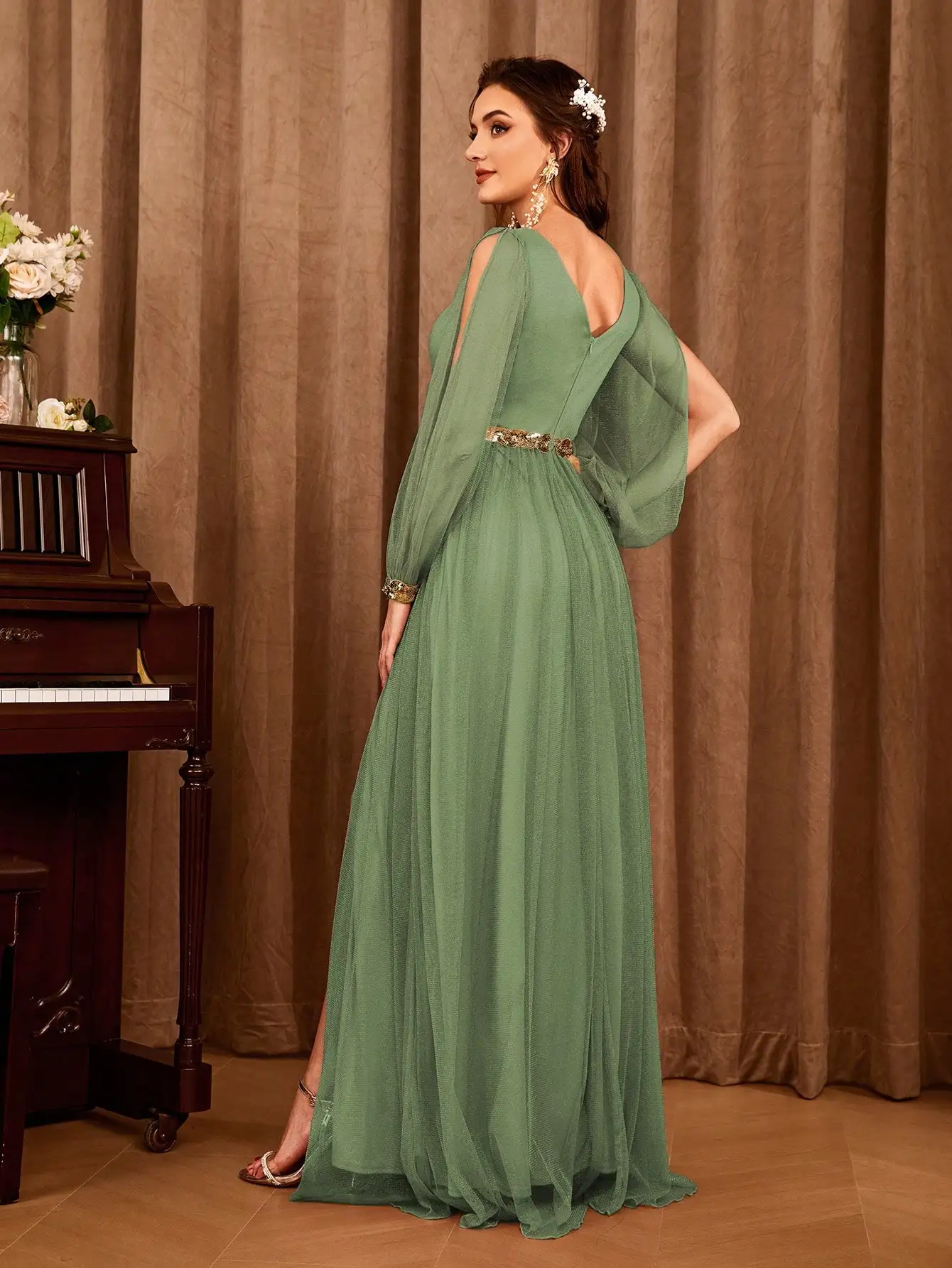 Mgiacy V-neck gauze applique slit elegant Evening gown Ball dress Party dress Bridesmaid dress