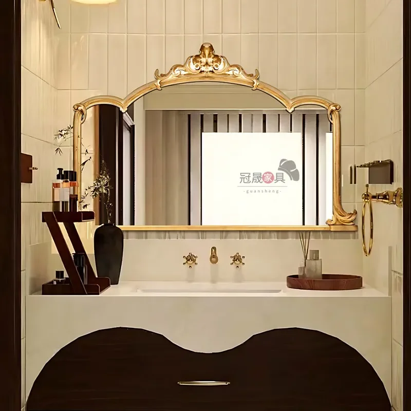 

A17 French retro bathroom mirror wall hanging, carved smart makeup mirror bedroom entrance, European decorative mirror