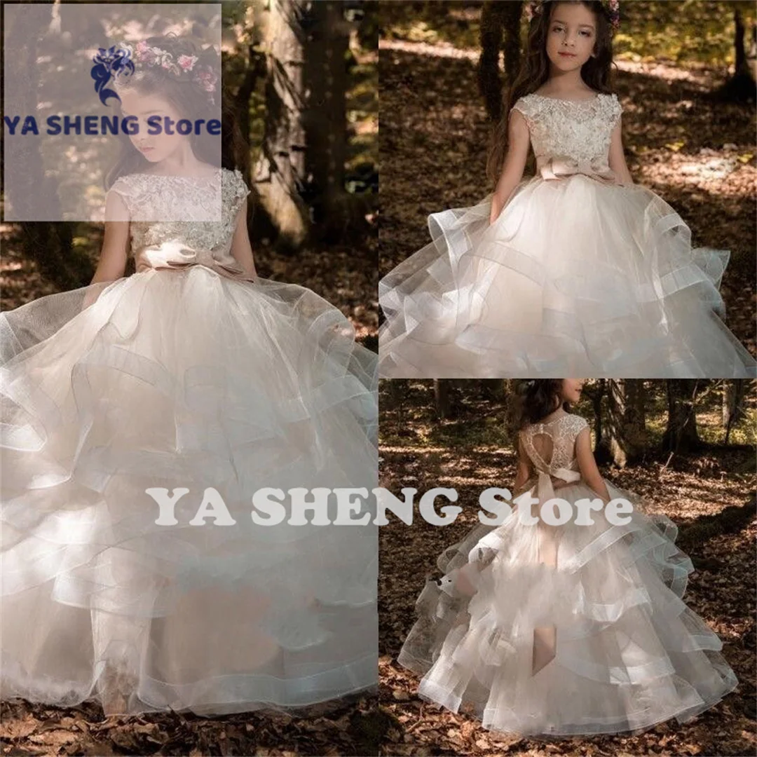 Customized Flower Girl Dress Beaded Lace Hollow Back Gown For wedding Custom Made Floor Length Bow Lovely Baby Dresses