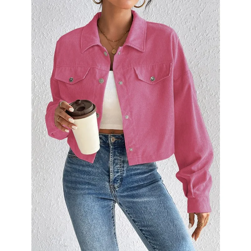 Slimming Short Zippered Cardigan Polo Collar Corduroy Coat Simple and Stylish Autumn Winter Cross-border European American Style