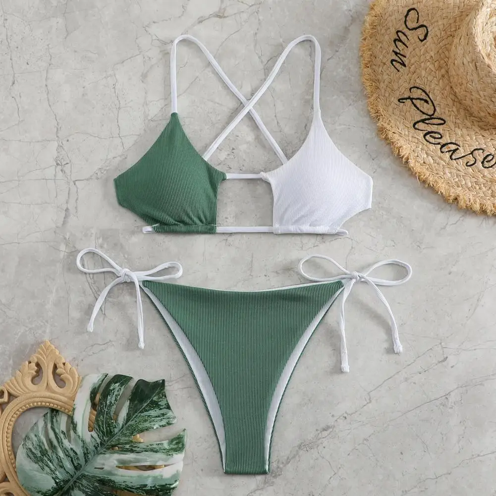 Beach Vacation Swimwear Sexy Lace-up Bikini Set for Women Push Up Swimwear Summer Beachwear Contrast Color Sling Bra Quick