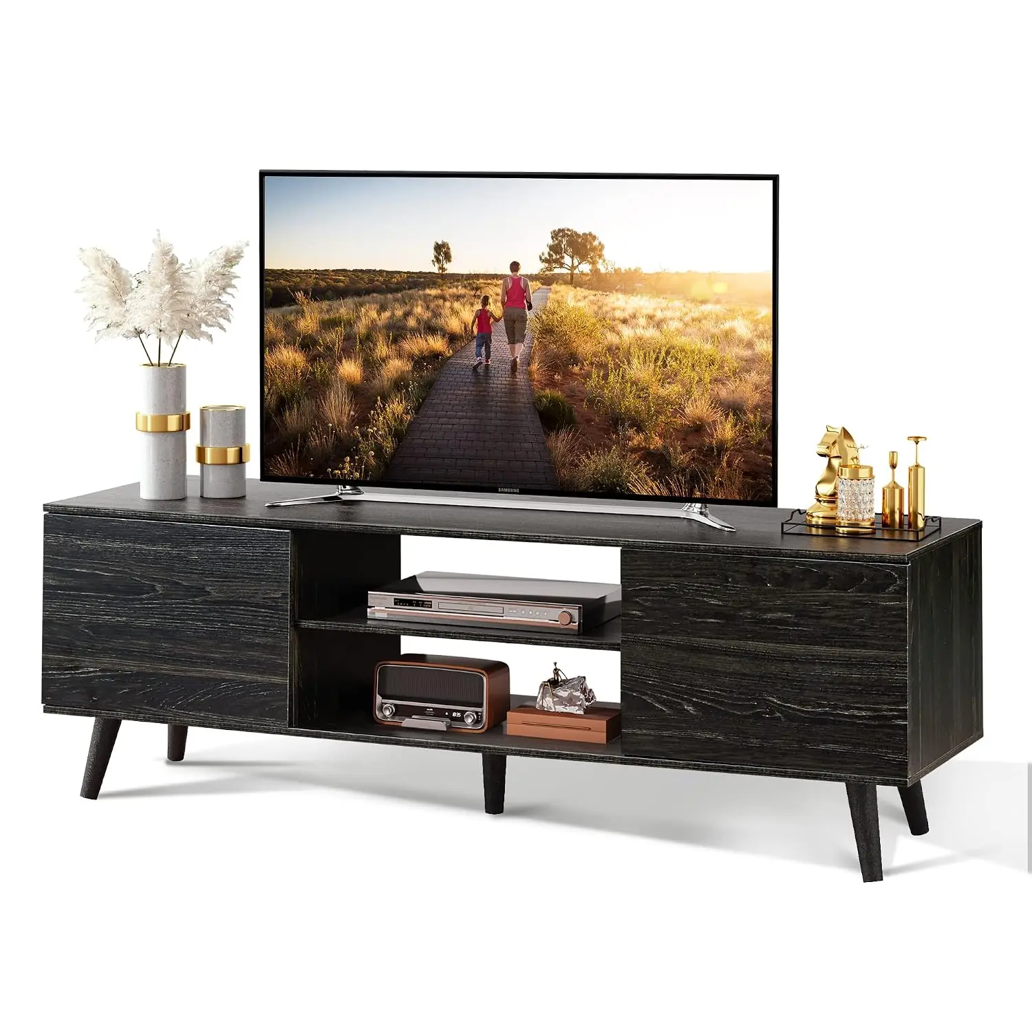 Mid-Century TV Stand 55/60 Inch Entertainment Center Storage Adjustable Shelves Soft-Close Cabinets Living Room, Customized