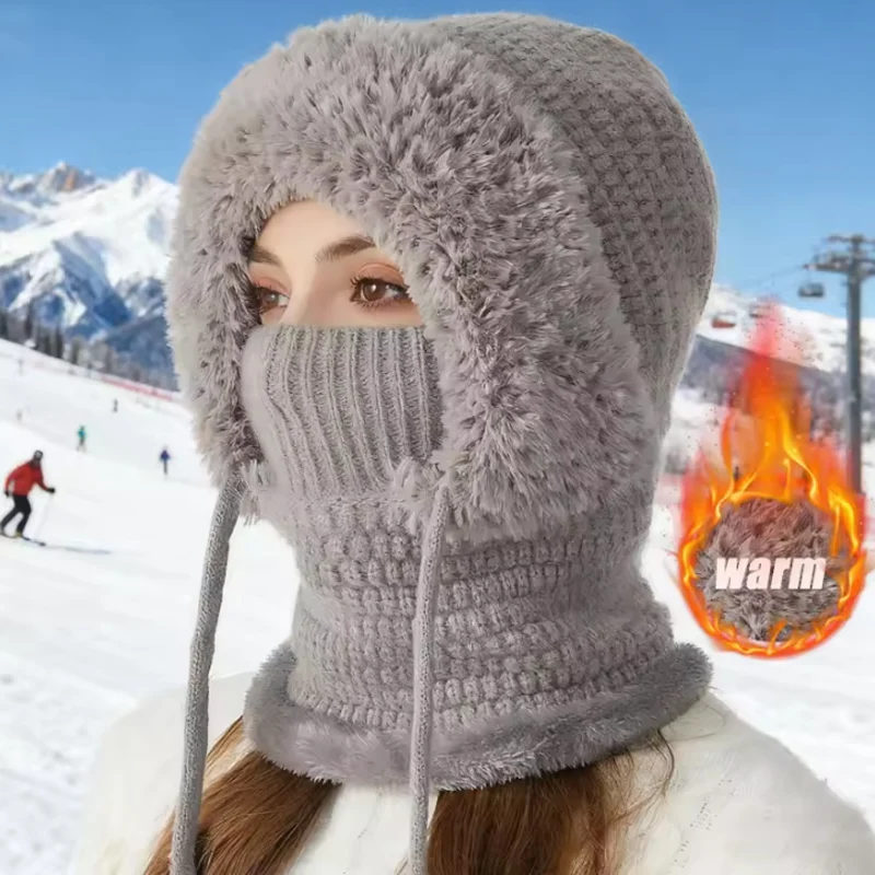 Women's Warm Winter Thermal Fleece Lined Knit Balaclava One Piece Hood with Face Cover Neck Warmer for Cold Weather Comfortable
