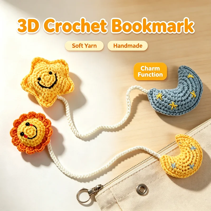 3D Hand Crochet Bookmark, Soft Yarn Page Marker, Multifunctional Hanging Charm Ornament, Handmade Reading Accessory, Decor Gift