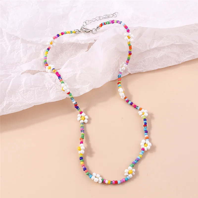Aihua Bohemia Colorful Seed Bead Flowers Necklace For Women Kids Friendship Necklace Ethnic Beach Party Gifts