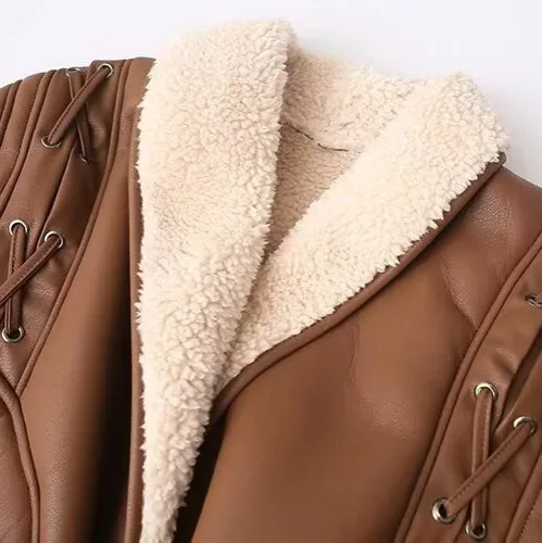 Fashion Women Lace Up Leather Jacket Solid Lapel Long Sleeve Slim Belt Lamb Woolen Coat Lady Winter Daily High Street Outerwear