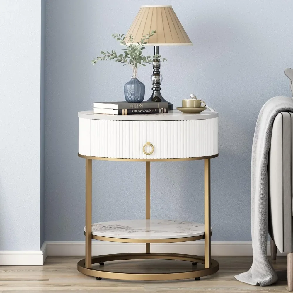 

Round Side Table With Drawer, 2 Tier Night Stand With Shelf, Modern Side Table With Gold Legs For Living Room, Bedroom, Dorm|