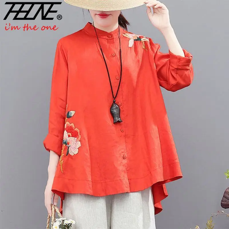 Summer Women\'s Clothing Shirts Blouse Casual Button Embroidery Flower Vintage Cotton Linen Long Sleeve Women Shirt Chinese Style