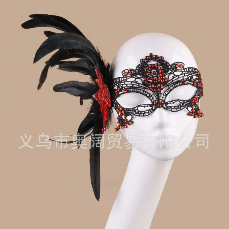 

Halloween New Single Eye Red Mask Wide Performance Party Feather Pearl Face Covering Mask