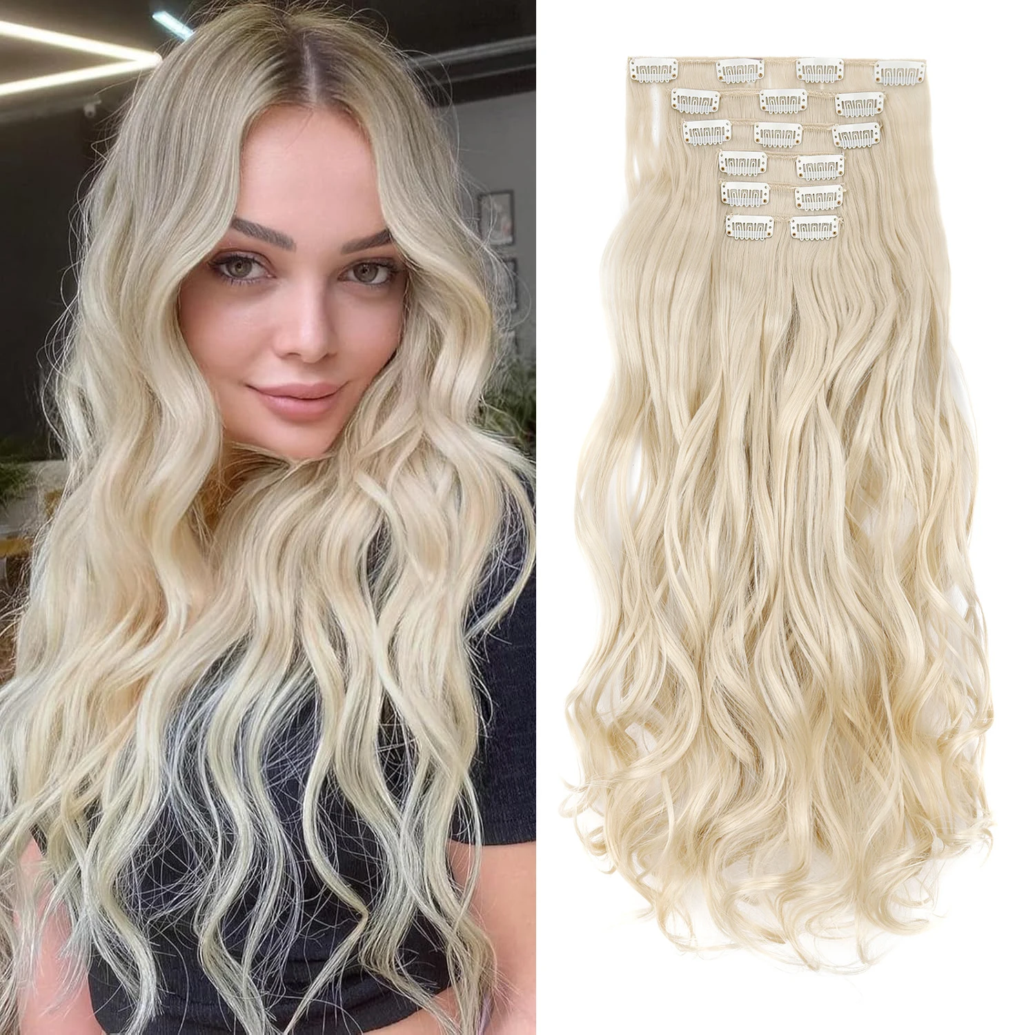 

Clip in Extensions Synthetic Fiber for Women, 20 Inch 6PCS Synthetic Hairpieces Long Wavy Soft Thick Hair Extensions Clip ins