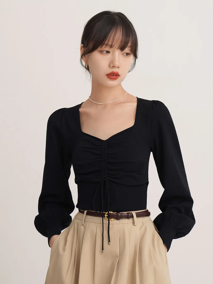 French Style Square Collar Lantern Bubble Sleeve Base Shirt Women Spring Autumn OL Chic Black Elegant T-shirts Blouse Top