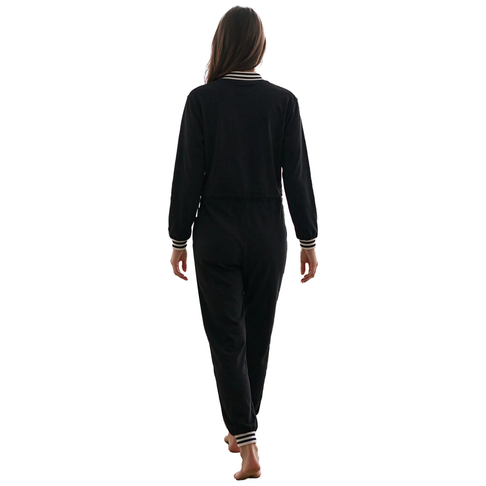 Adults Elderly Adaptive Jumpsuit Striped Collar Cuffs Legs Long Sleeve Anti-strip Bodysuit with Front Side Back Waist Zipper