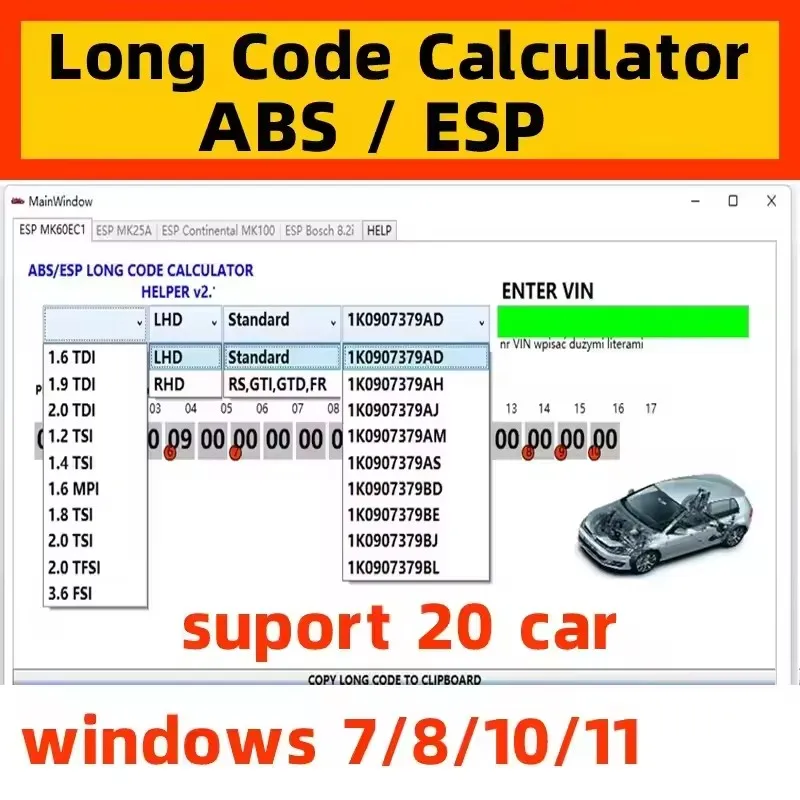 

Newest for VW ABS ESP Long Code Calculator Helper MK60EC1 ABS ESP Long Code Calculator software+ unlimited install+ install vide