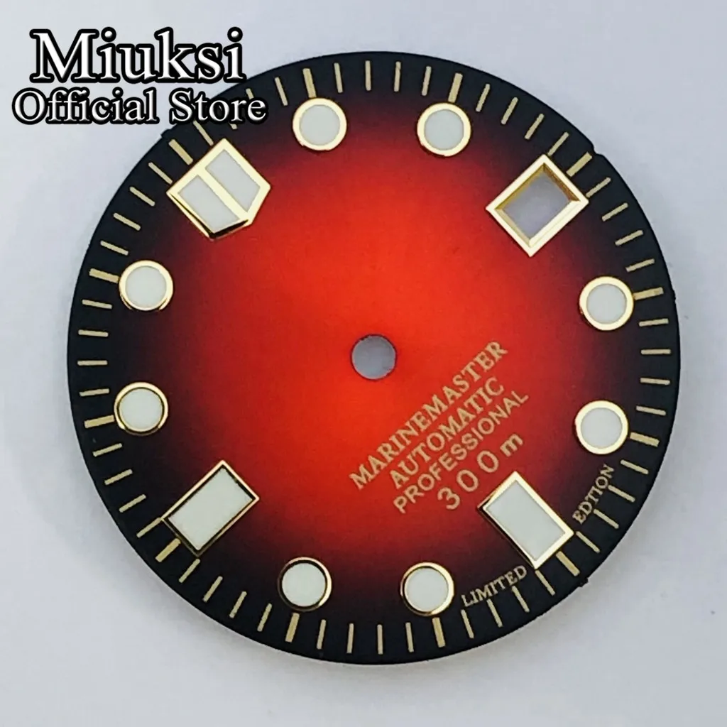 Miuksi 29mm black red watch dial green luminous dial fit NH35 movement fit 3 o\'clock crown 3.8 o\'clock crown