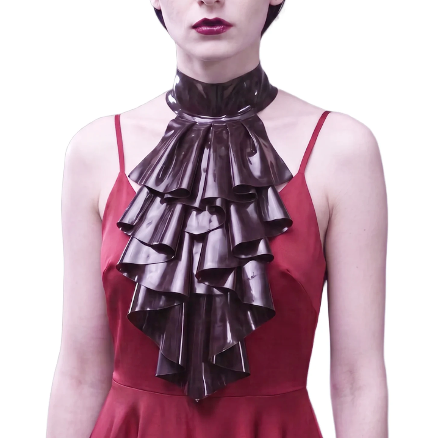 Black Sexy Latex Jabots With Frills Button At Back Ruffs Rubber Collar For Cosplay Length to Waist 0103