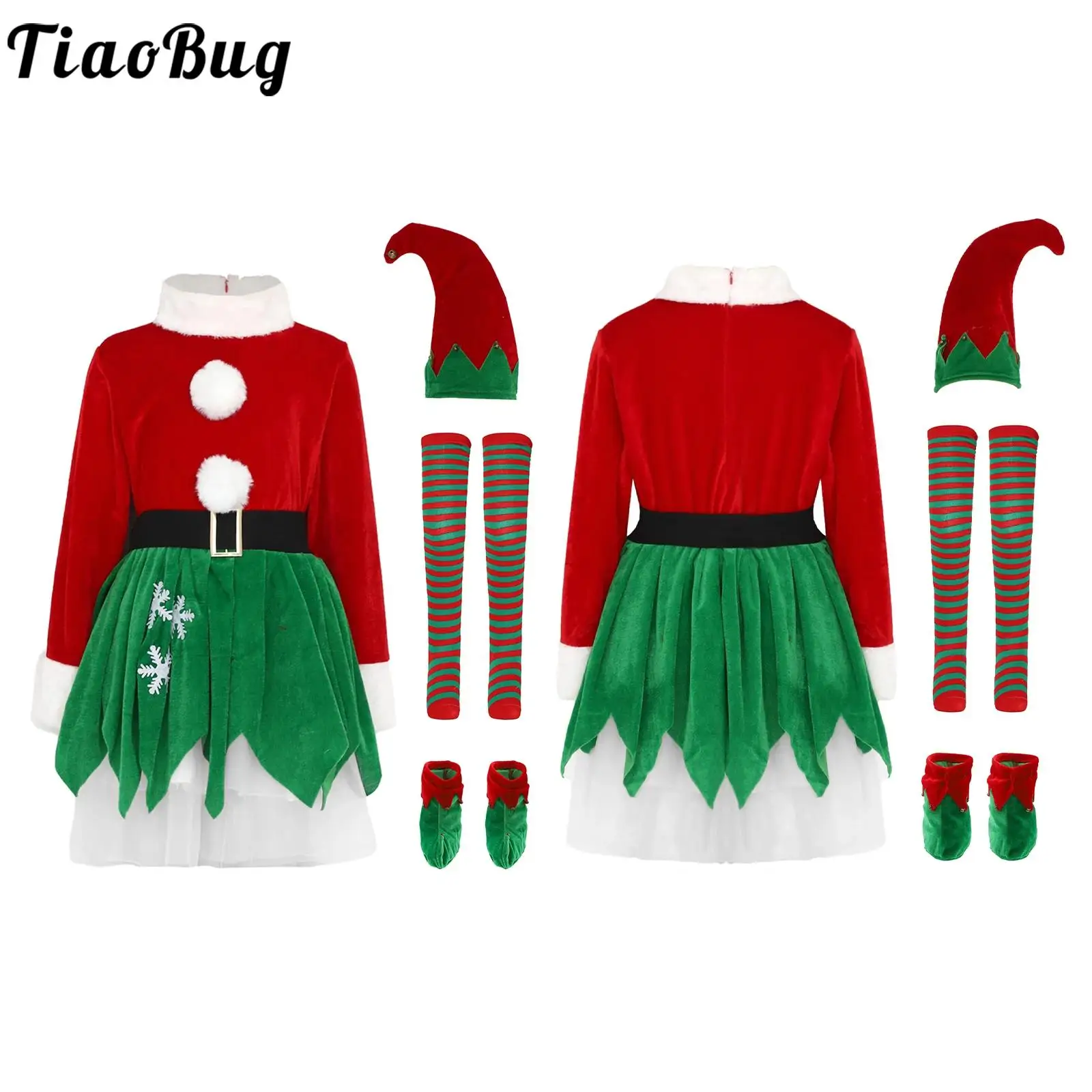 

Girls Santa Christmas Helper Outfit Elf Costume Dress Up Set Long Sleeve Zipper Tutu Dress with Hat Socking and Shoes Covers