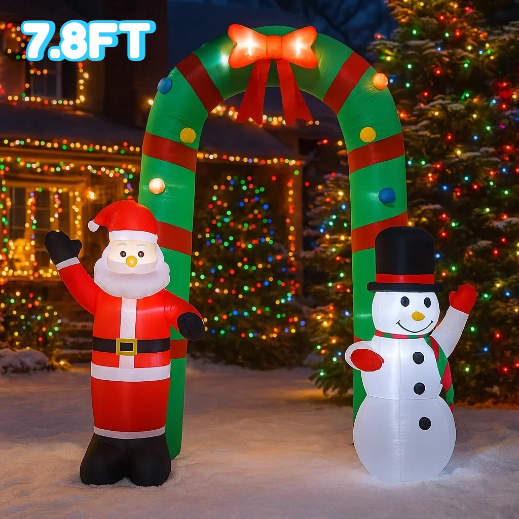 7.8FT Kerstversiering Opblaasbaar Speelgoed Kerstman Sneeuwpop Boog Huis Tuin met LED Licht Decor Kerstfeest Speelgoed