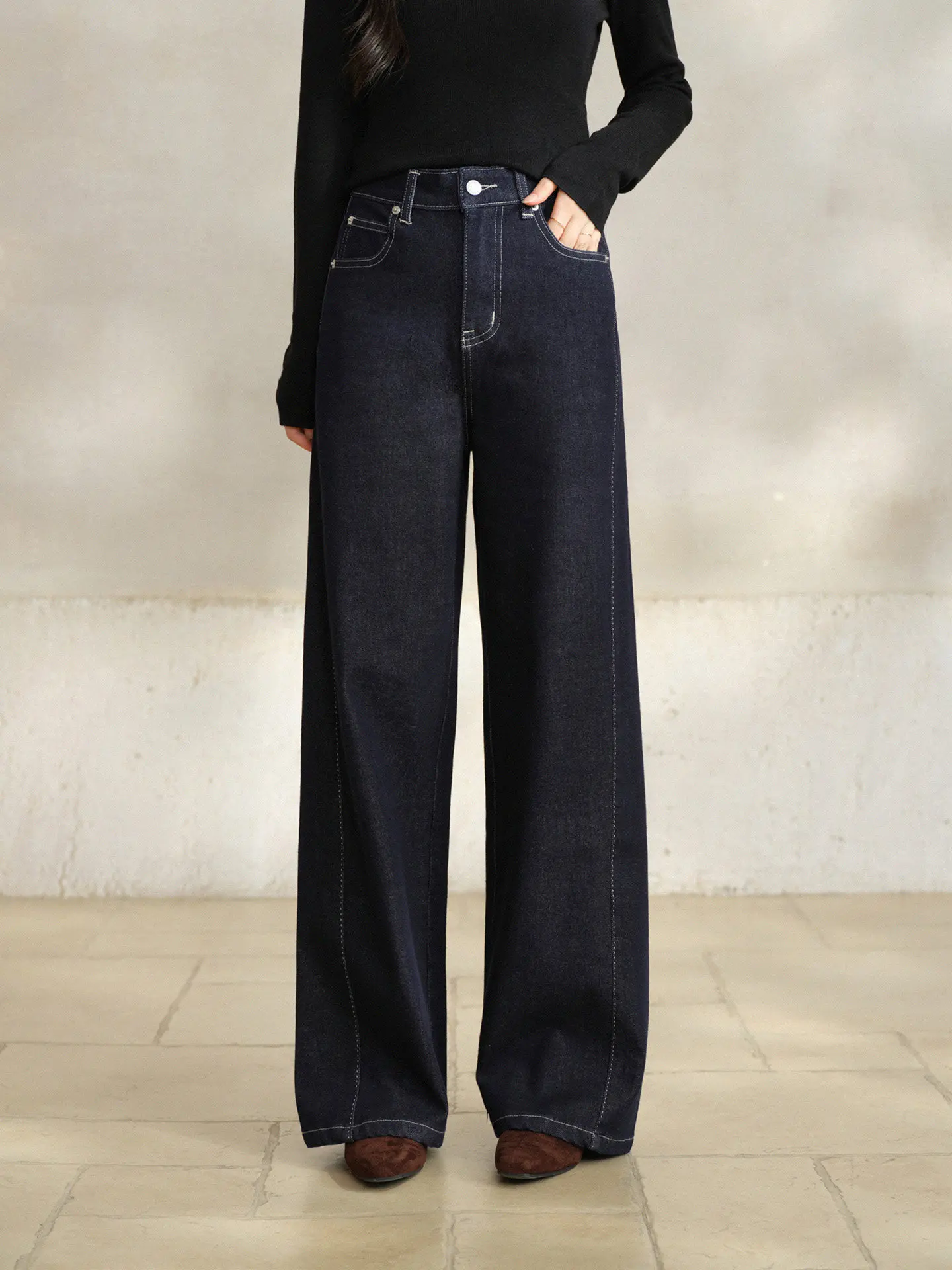 Contrast Stitch Straight Jeans for Women Lady High Waist Loose Fit Wide Leg Denim Pants Slimming Casual Spring Daily Streetwear