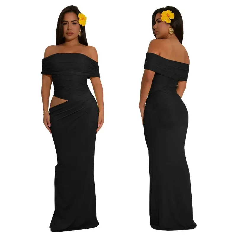 Hermosos vestidos largos fruncidos con hombros descubiertos para mujer, trajes amarillos, Vestido de playa drapeado de malla transparente elegante