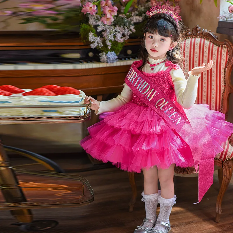 

Girls Princess Party Dress Pink Sequin Sleeveless Cake Dress For Girls Tulle Wedding Birthday Kids Christmas Performance Clothes