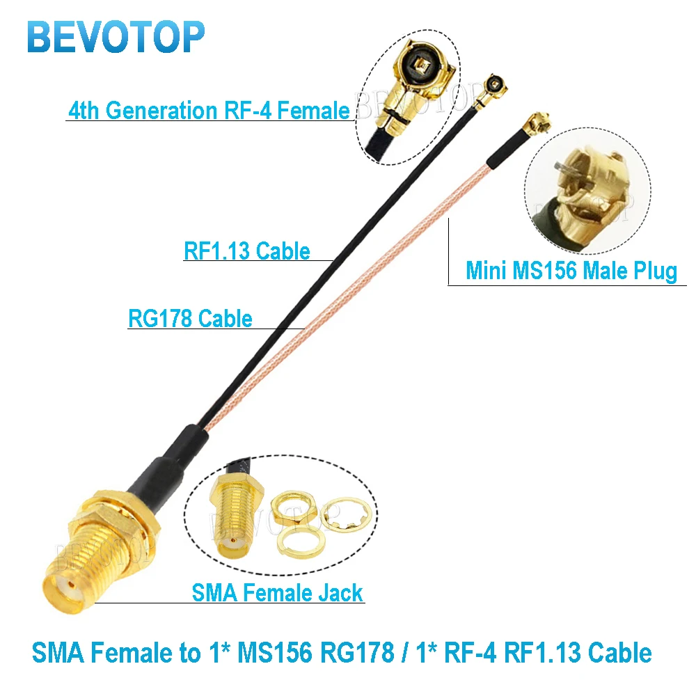 1PCS RP-SMA / SMA Female to 1x Mini MS156 Male +1x RF4 Female RG178 RF1.13 Cable Antenna Extension Jumper Pigtail BEVOTOP