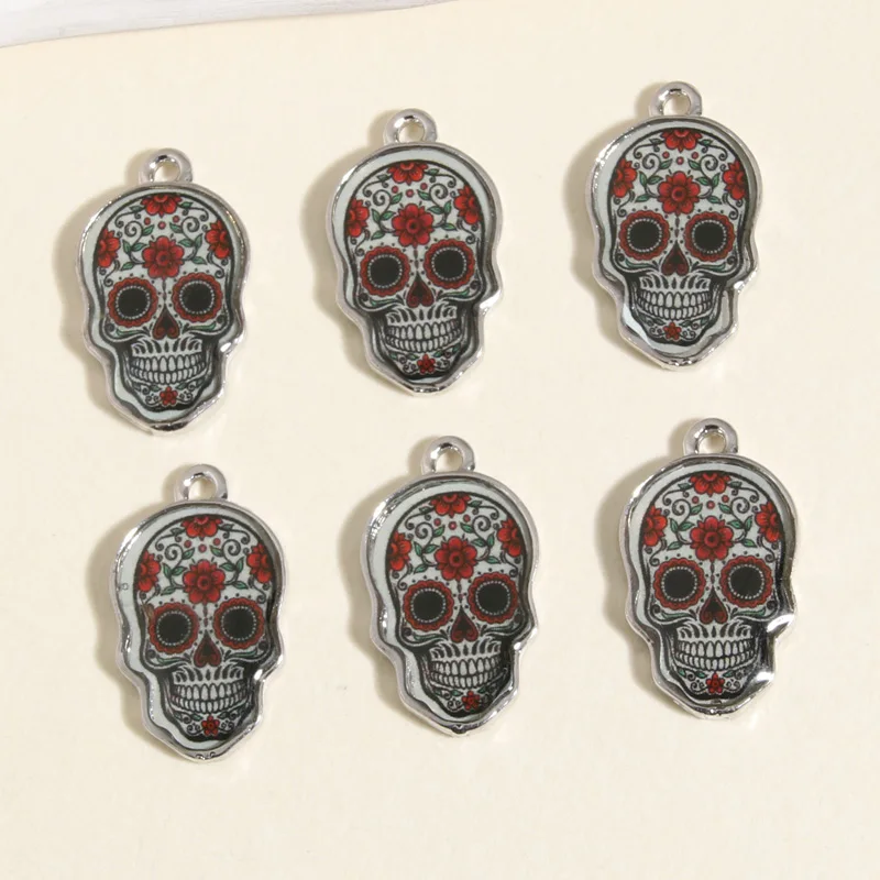 5pcs Silver Color 22x13mm Enamel Flower Skull Charms Halloween Pendant For DIY Handmade Necklaces Earrings Jewelry Accessories