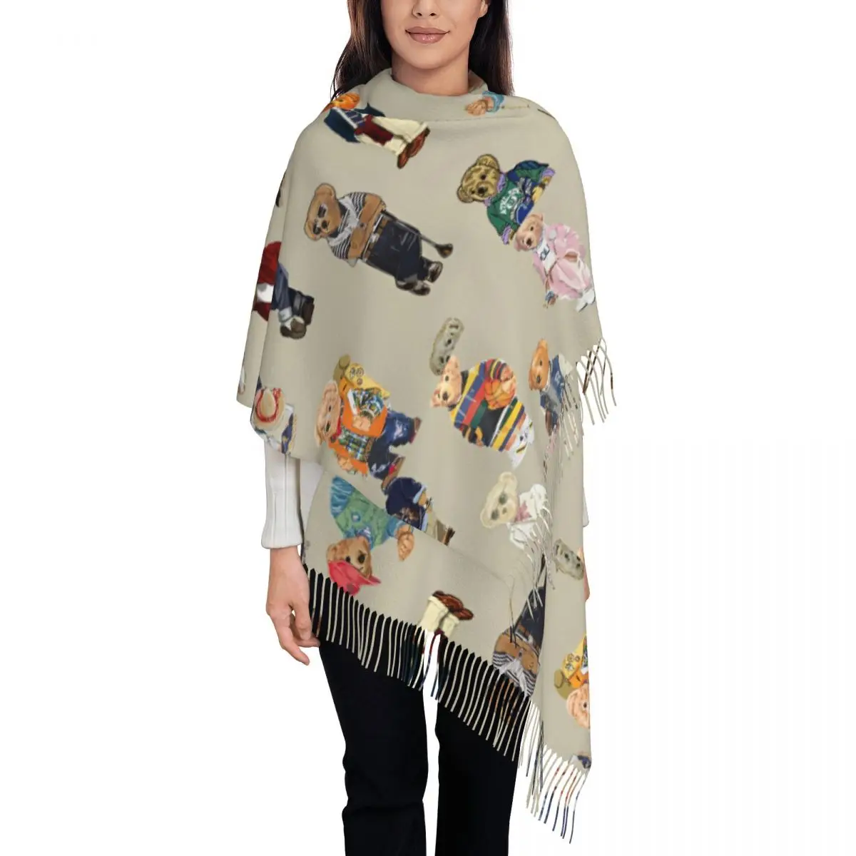 Kawaii Bears Vintage Luxury Scarf for Womens Fall Winter Cashmere Shawls and Wrap Poloo Large Scarves with Tassel for Ladies