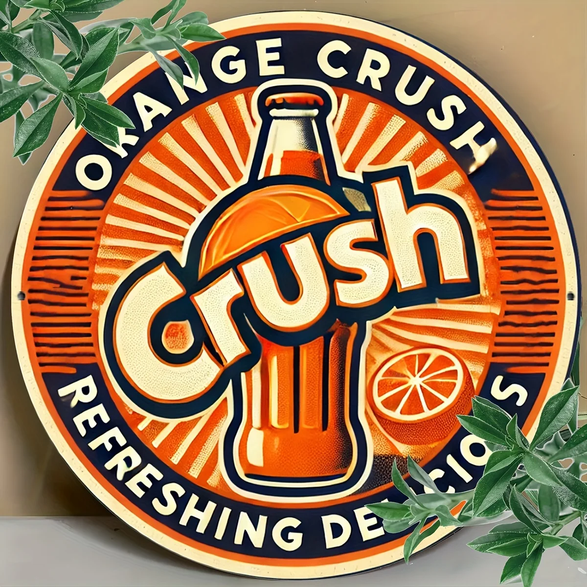 2D Flat – 1 Stück Orange Crush 2D-Metallschild, 20,3 x 20,3 cm runde Aluminium-Wandkunst, Vintage-Soda-Design mit strahlendem Sunburst-Hintergrund