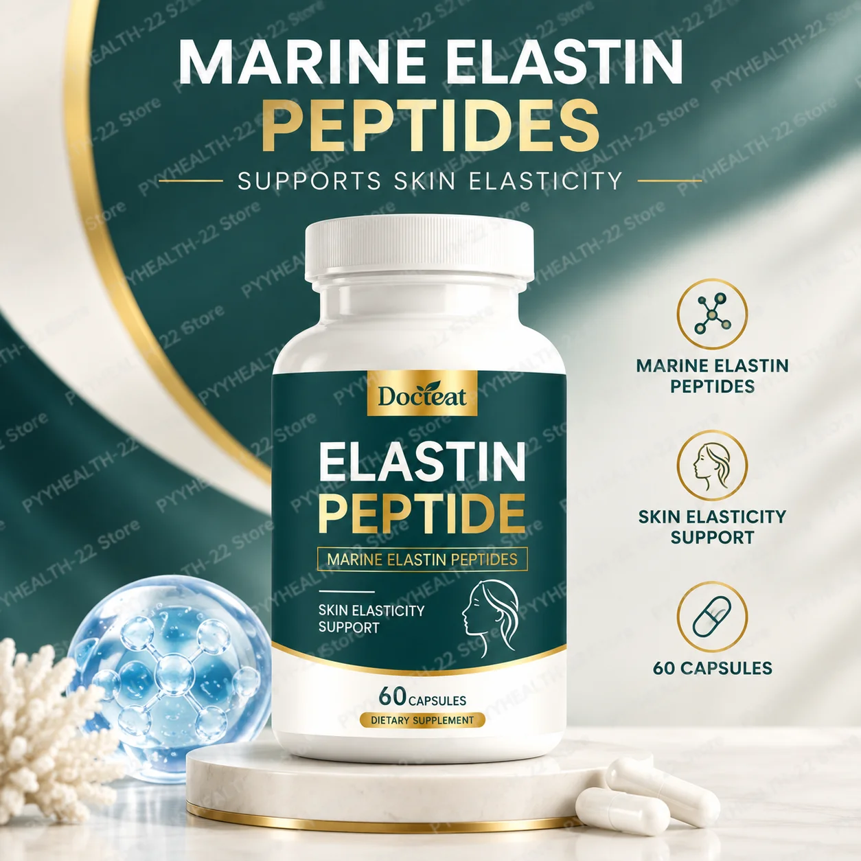 Marine Elastin Peptides Capsules with Hyaluronic Acid Vitamin C, Supports Skin Elasticity, Hair Nail Joint Comfort, 60 Capsules