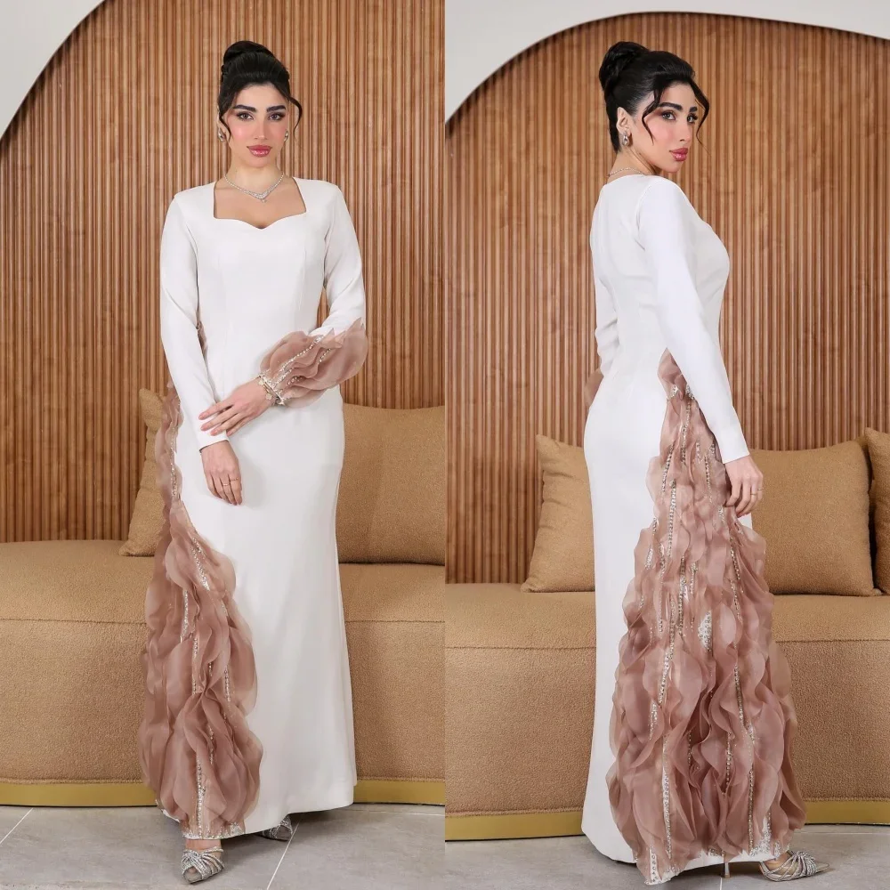 Customized Jersey Sequined Pleat Christmas A-line Square Neck Bespoke Occasion Gown Long Dresses