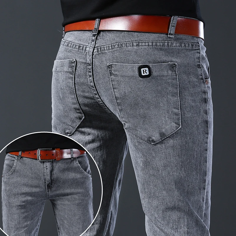 Dżinsy w nowym stylu, męski slim fit, koreański styl wygodne proste nogawki elastyczne szare spodnie ze średnim stanem, męskie spodnie jeansowe casual