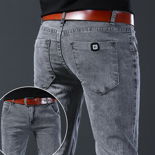 Dżinsy w nowym stylu, męski slim fit, koreański styl wygodne proste nogawki elastyczne szare spodnie ze średnim stanem, męskie spodnie jeansowe casual