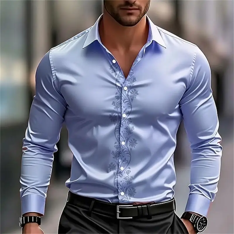 Camisa de manga larga a la moda para hombre, camisa informal con estampado 3D y botón de solapa, camiseta cómoda de manga larga