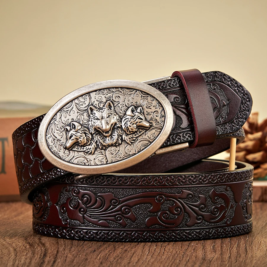 3.5CM Wolf Designer Belt for Men Retro Automatic Buckle Arts and Crafts Belt Male Genuine Cow Leather Waist Band Honorable Strap